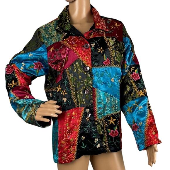 Vintage Satin Patchwork Floral Jacket Blazer Size M  Asian Floral Pattern Boho - Picture 1 of 8